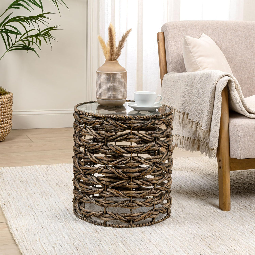 Handwoven Hyacinth Glass Top Round End Table