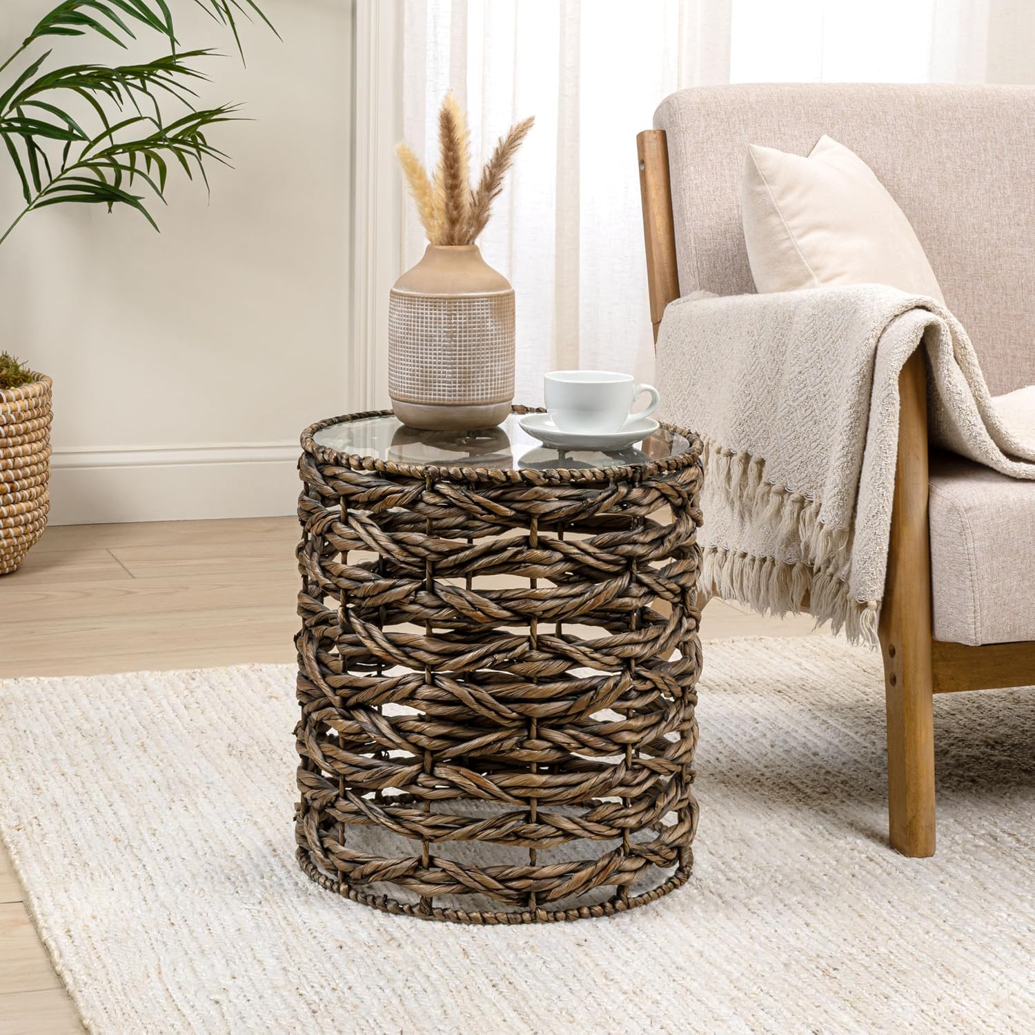 Handwoven Hyacinth Glass Top Round End Table