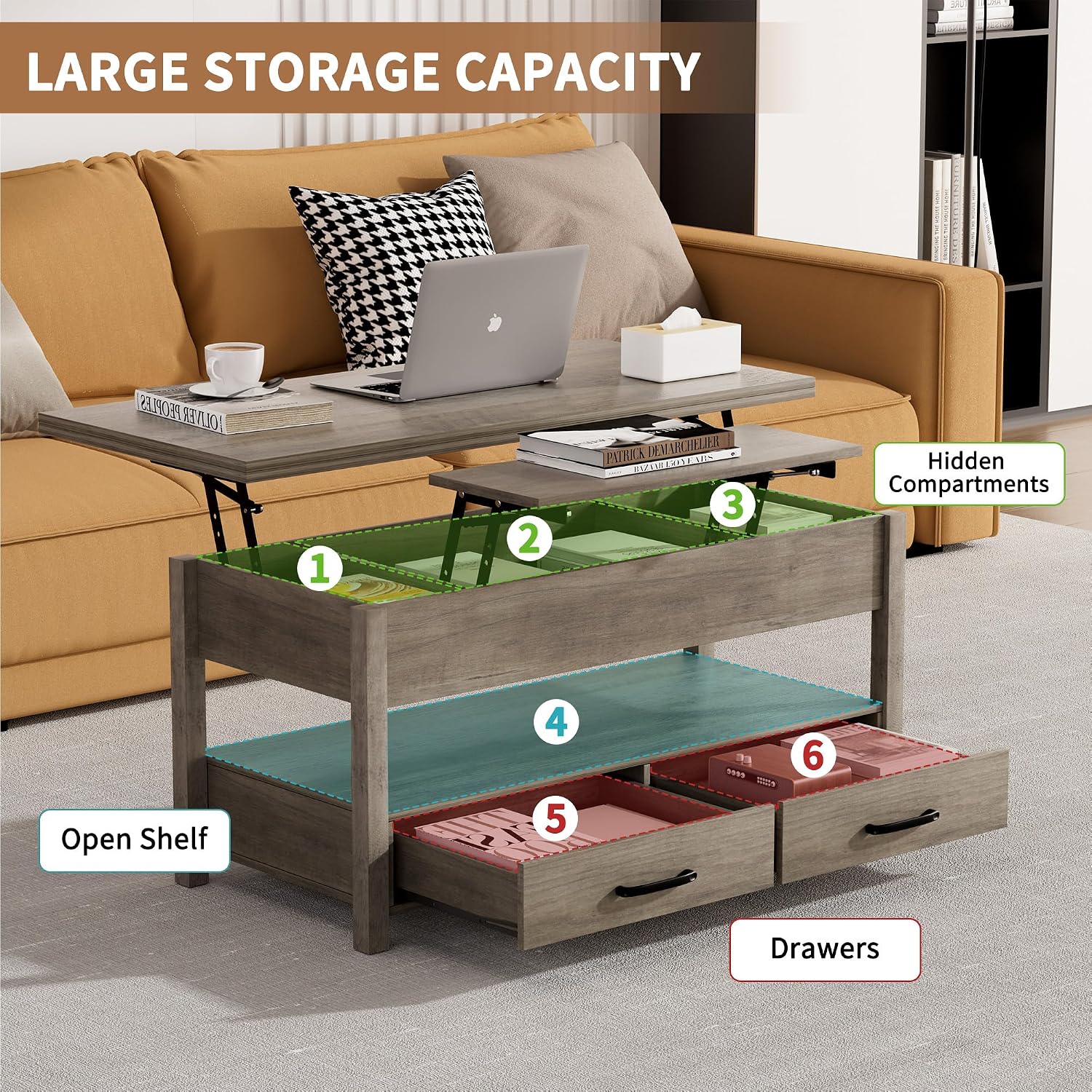 Grey Multifunctional Lift Top Storage Coffee Table