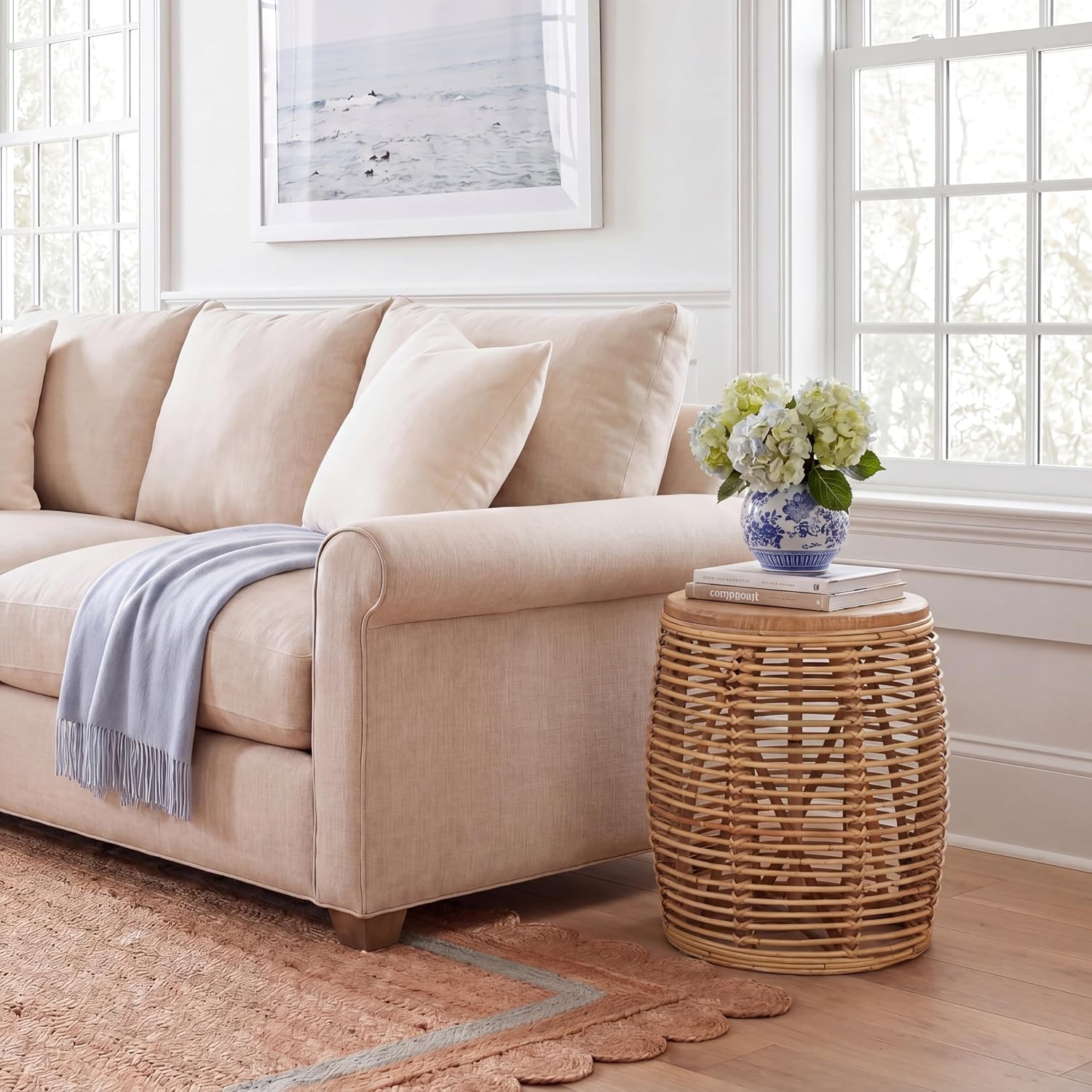 Coastal Natural Woven Rattan Drum Stool Table