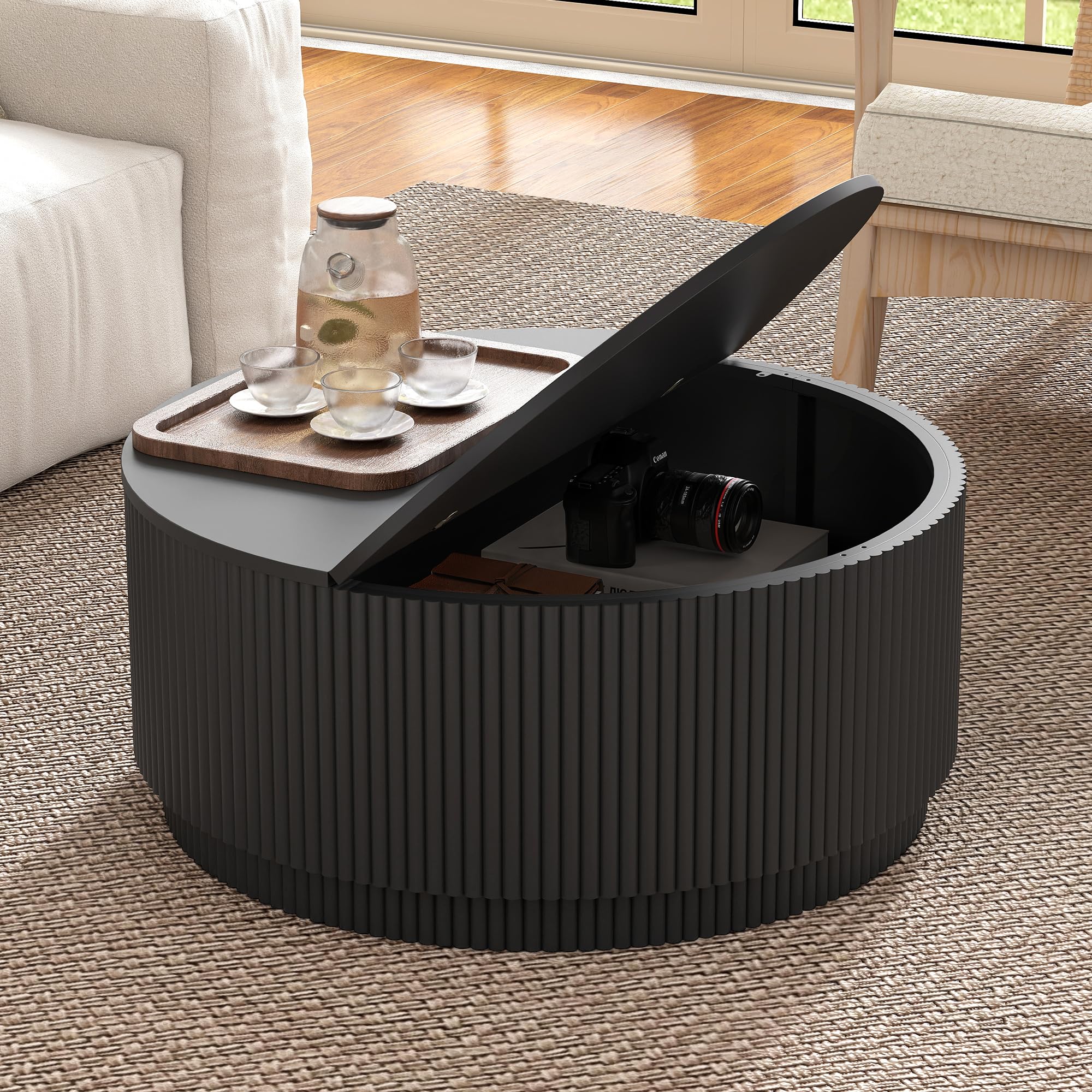 Walnut Fluted Round Lift Top Metal Frame Coffee Table