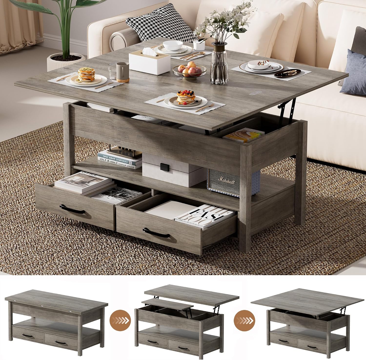 Grey Multifunctional Lift Top Storage Coffee Table