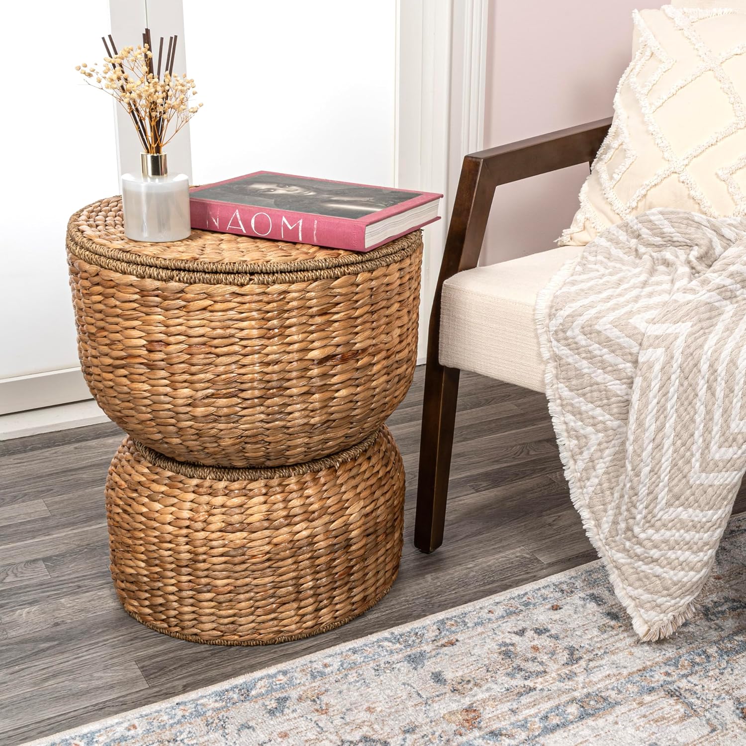 Handwoven Hyacinth Hourglass Storage Accent Table