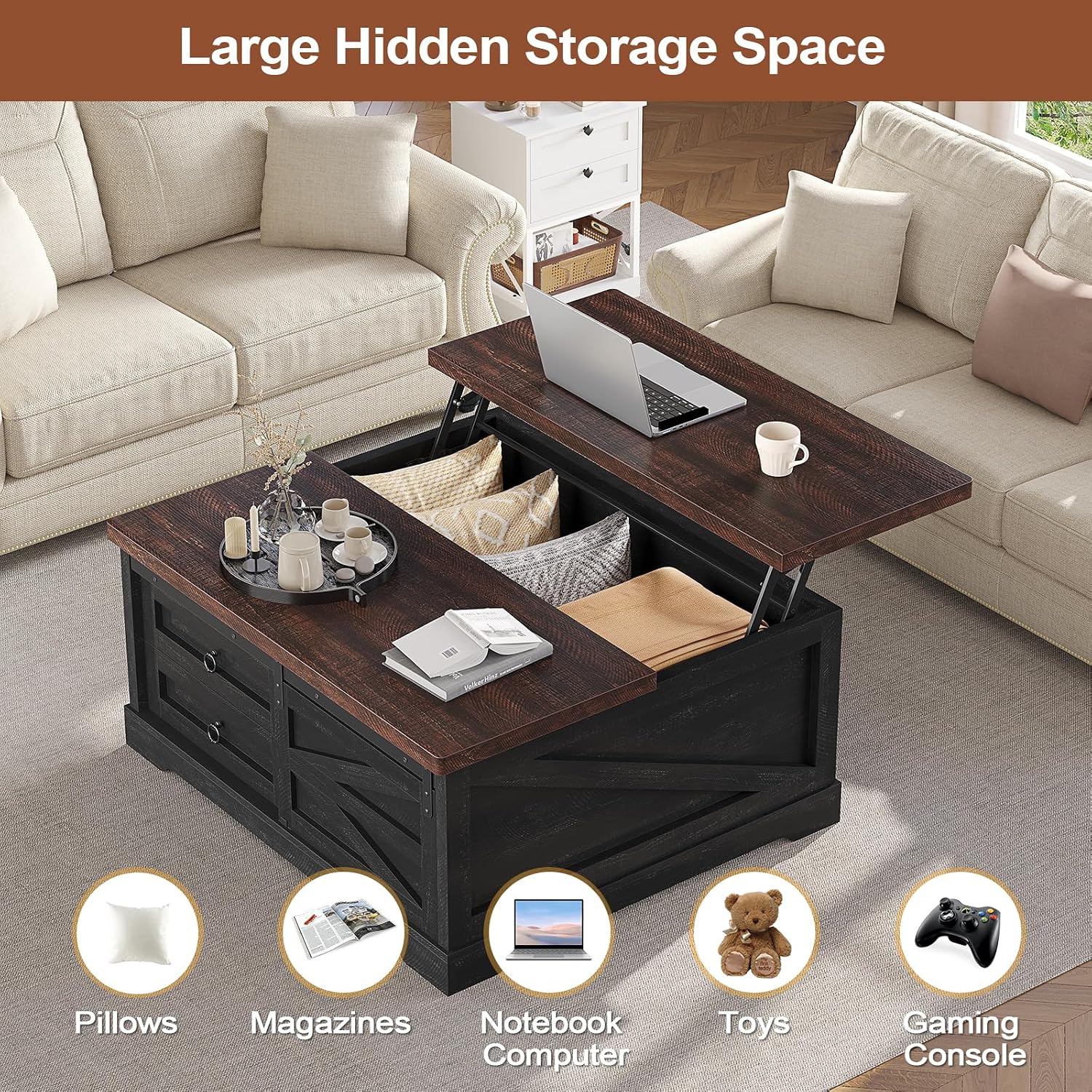 Black Walnut Square Lift Top Storage Coffee Table