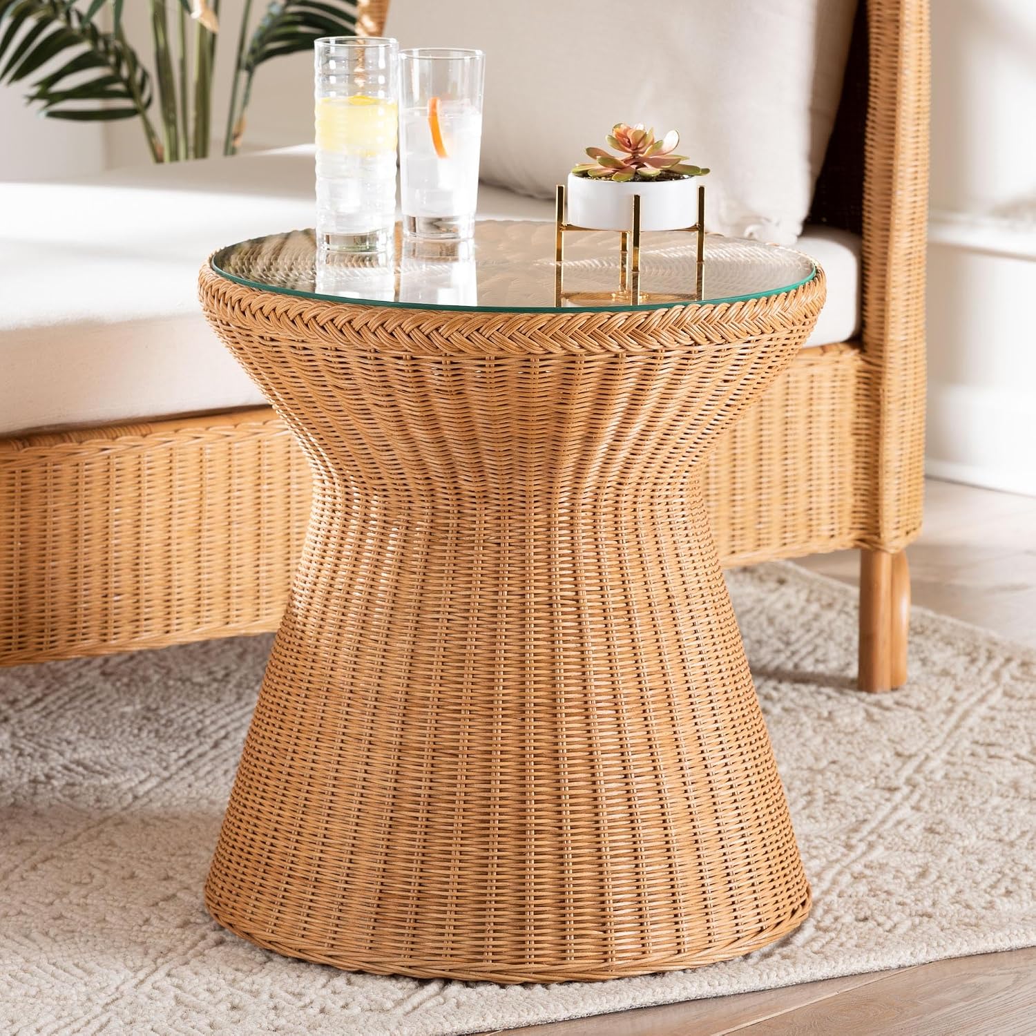 Handwoven Rattan Hourglass Glass Top Side Table