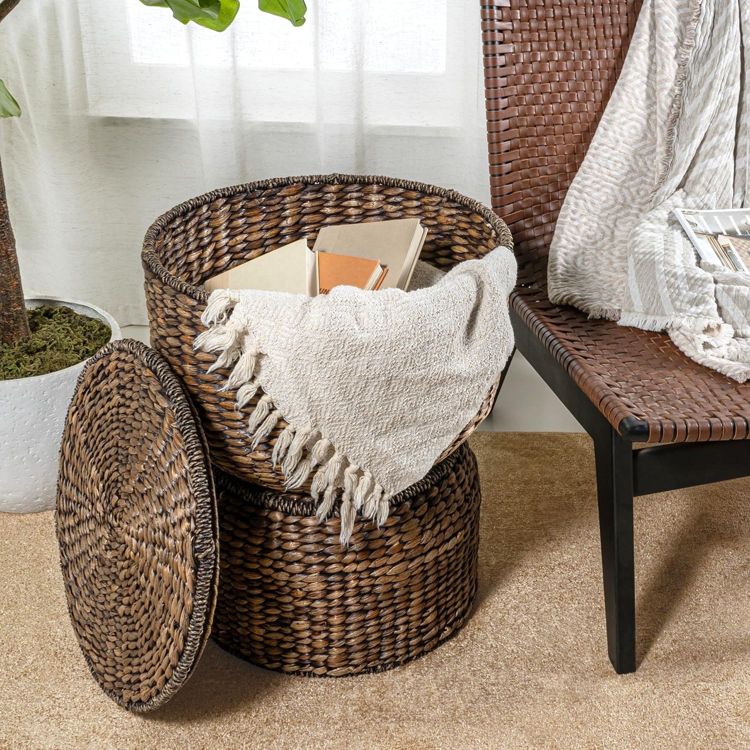 Handwoven Hyacinth Hourglass Brown Storage Table