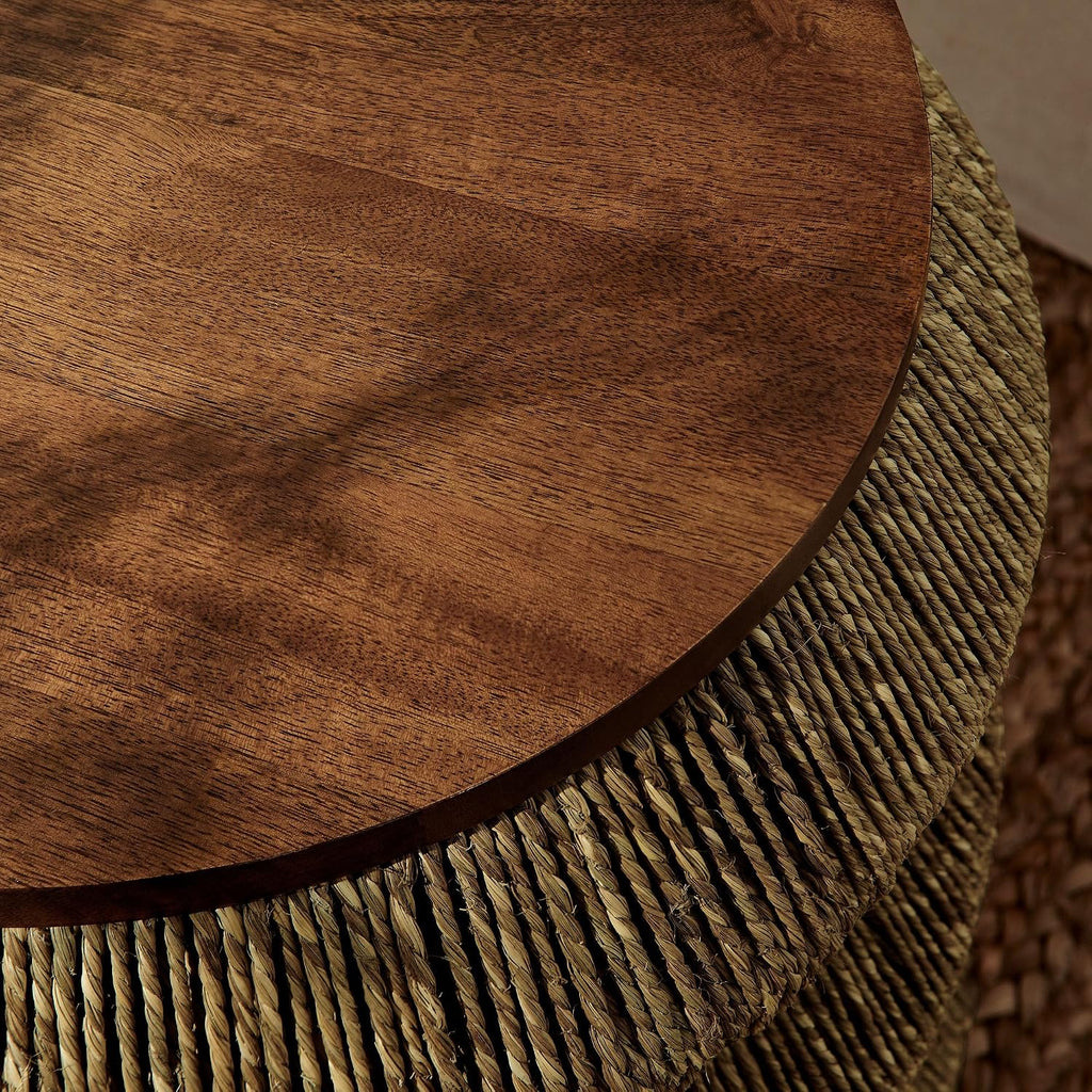 Hand Woven Seagrass Round Walnut Side Table