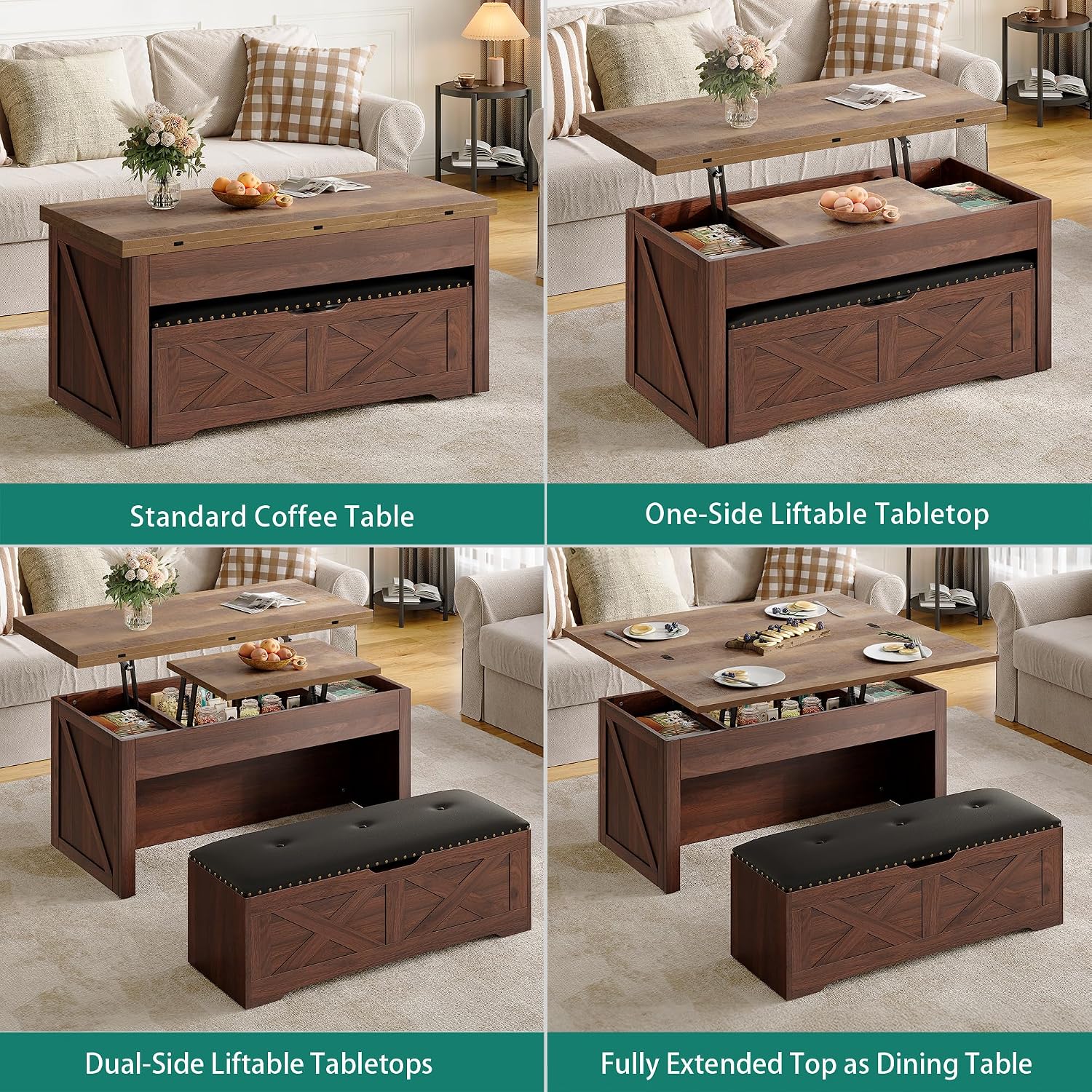 Walnut Convertible Lift Top Storage Coffee Table Set
