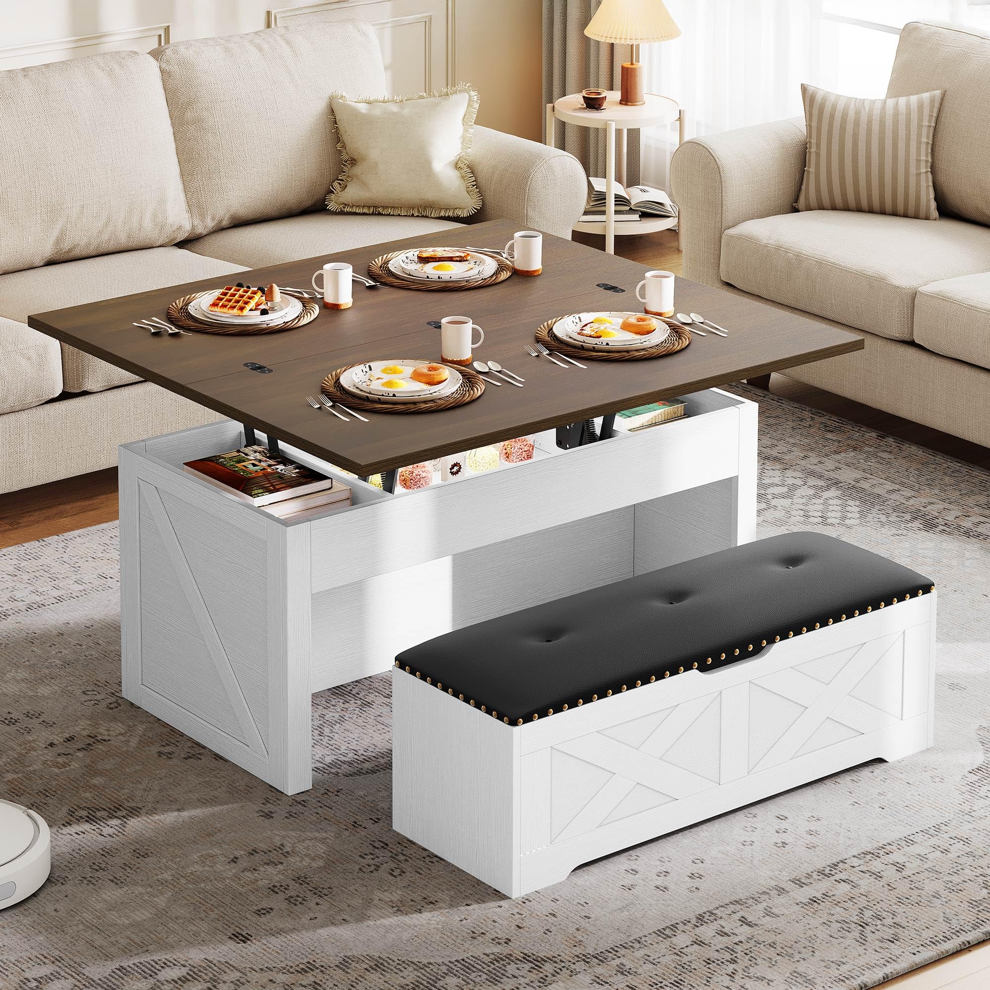 Walnut Convertible Lift Top Storage Coffee Table Set