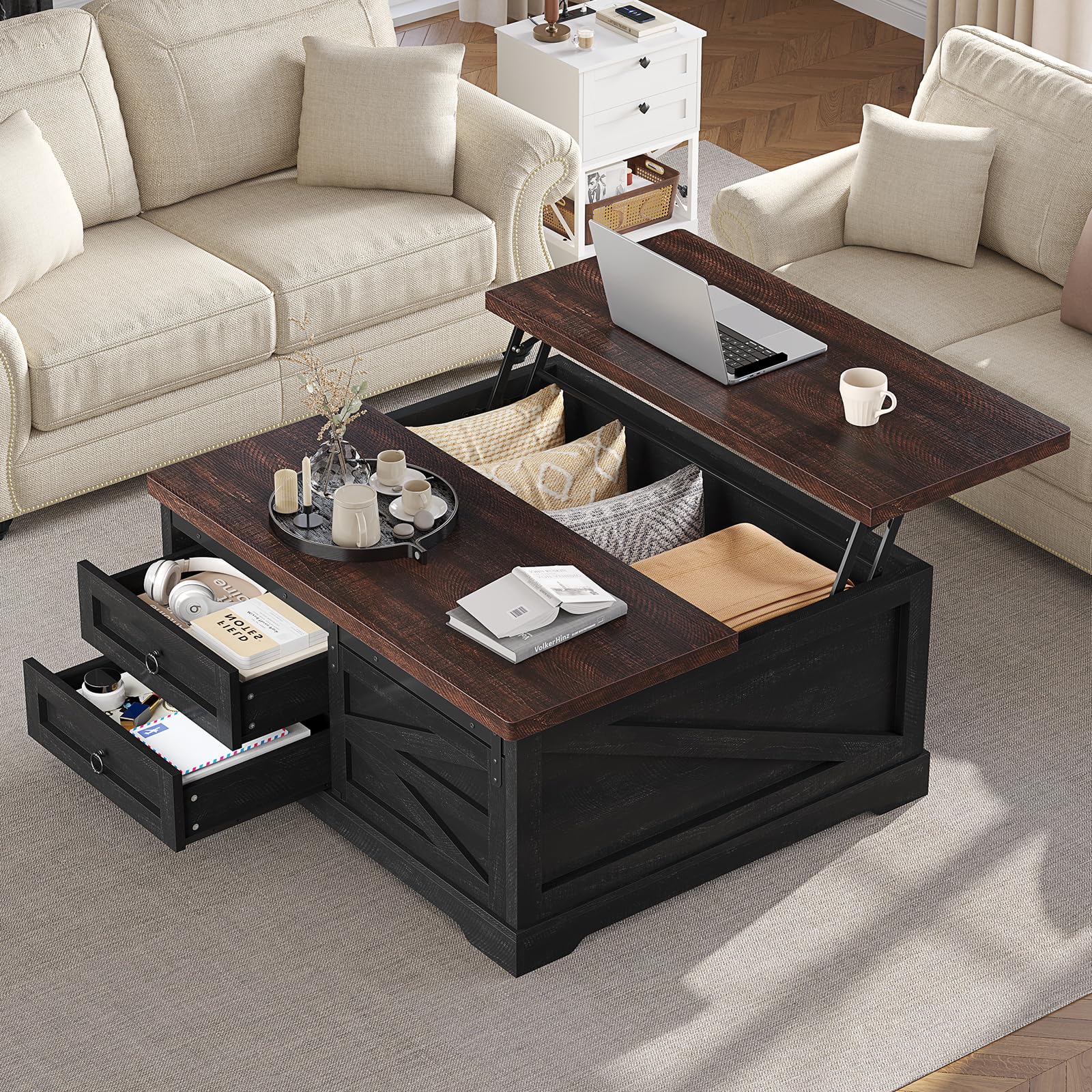 Black Walnut Square Lift Top Storage Coffee Table